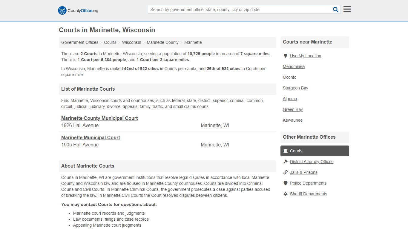 Courts - Marinette, WI (Court Records & Calendars) - County Office